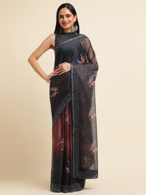 FABMORA Digital Print, Embellished, Embroidered Bollywood Lycra Blend Saree(Orange)