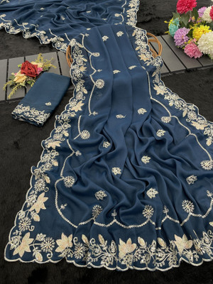 Ethina Fashion Embroidered Bollywood Chiffon Saree(Dark Blue)