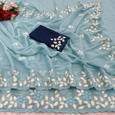 saanvi Embroidered Bollywood Georgette Saree(Light Blue)