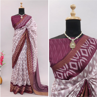 Kjs Geometric Print Ikkat Cotton Silk Saree(Multicolor)