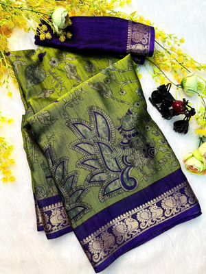 Ambaji enterprise Printed Kalamkari Silk Blend Saree(Green)