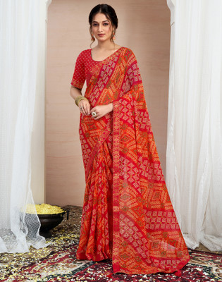 Samah Printed, Embellished Bandhani Chiffon, Georgette Saree(Red, Orange)