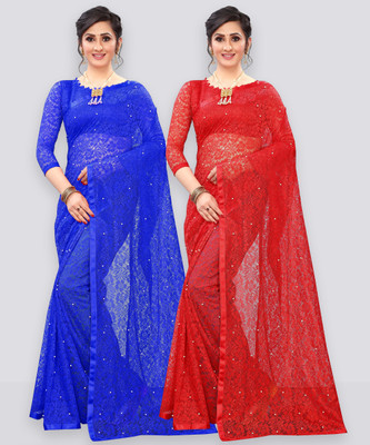 LOROFY Self Design Bollywood Net Saree(Pack of 2, Red, Blue)