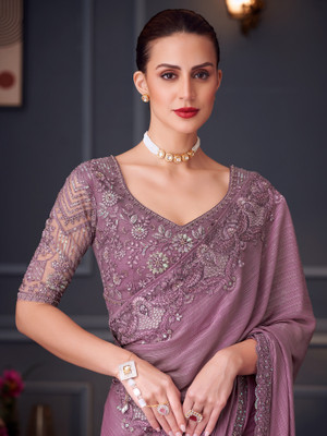 Sareemall Embellished Bollywood Satin Saree(Purple)