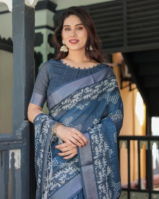 maharani couture Digital Print Handloom Cotton Linen Saree(Blue)