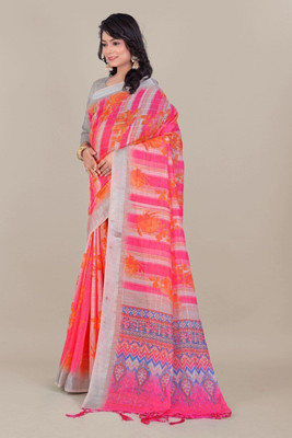 Laxmi Fashion Printed, Floral Print Assam Silk Jacquard, Cotton Silk Saree(Pink, Multicolor)