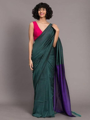JHIILU Solid/Plain Handloom Cotton Blend Saree(Dark Green)