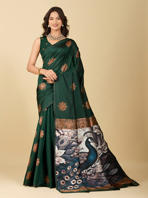 PRIMENIKS Woven, Printed, Digital Print Banarasi Pure Silk, Satin Saree(Dark Green)