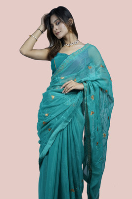 JS Clothing Mart Embroidered, Embellished Chanderi Chiffon Saree(Green)