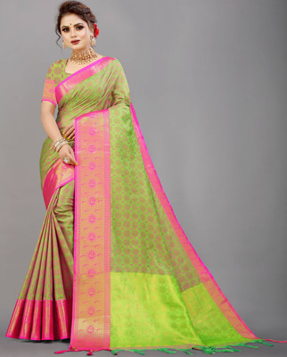Dhami Woven, Checkered Paithani Jacquard, Cotton Silk Saree(Light Green)