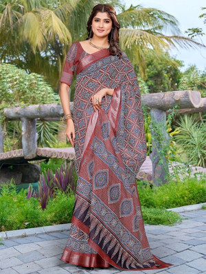ANOUK Printed Daily Wear Linen Saree(Red)