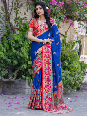 ANOUK Printed Daily Wear Silk Blend Saree(Dark Blue)