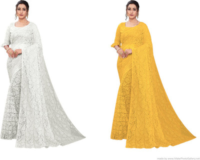Nilkanthvarni Creation Self Design Bollywood Net Saree(Pack of 2, White, Yellow)