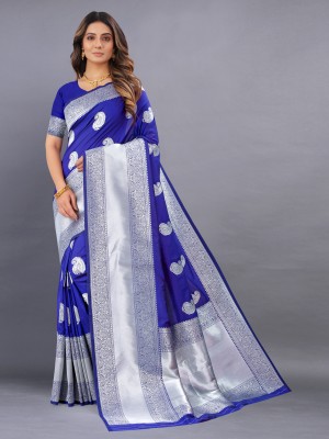 Bansari Textiles Self Design Banarasi Jacquard, Cotton Silk Saree(Blue, Grey)