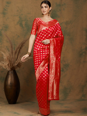 HERE&NOW Woven Banarasi Silk Blend Saree(Red)