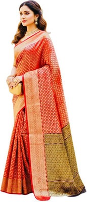 SLSld riwaayat Graphic Print, Embroidered Banarasi Cotton Silk Saree(Red)