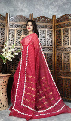 Hiya saree And Punjabi house Printed Jamdani Cotton Blend Saree(Red)