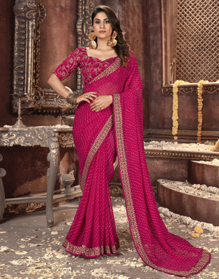 Samah Printed, Embroidered, Embellished Bollywood Georgette, Chiffon Saree(Pink)