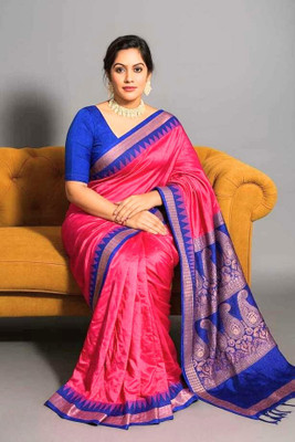 AYEZAL Temple Border Sambalpuri Cotton Silk Saree(Pink)