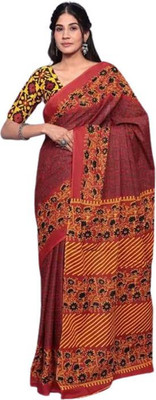 Clothonus Blocked Printed, Hand Painted, Printed, Self Design, Graphic Print Ikkat Pure Cotton Saree(Maroon)