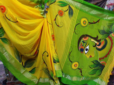 trogon Printed Handloom Pure Cotton Saree(Yellow)