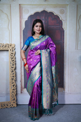 fospy Woven Banarasi Jacquard, Pure Silk Saree(Purple)