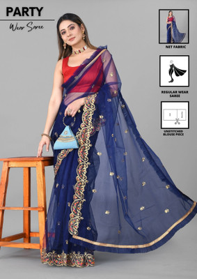 Barkiya Creation Embroidered Bollywood Net Saree(Blue)