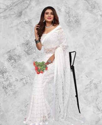 SwiftStyle Solid/Plain Bollywood Net Saree(White)