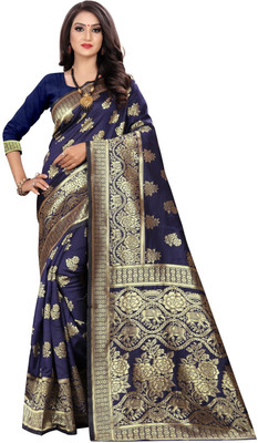 Kunjkala Woven Kanjivaram Pure Silk Saree(Dark Blue)