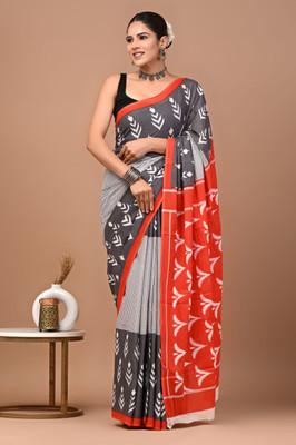Tetarwal Printed Daily Wear Pure Cotton Saree(Orange, Grey)
