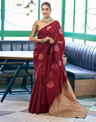 Samah Woven, Embellished, Self Design Banarasi Silk Blend, Jacquard Saree(Maroon, Gold)