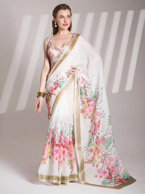 VCREATION Printed Bollywood Cotton Linen Saree(Multicolor)