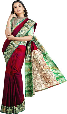 ZainR Solid/Plain Banarasi Satin Saree(Maroon)