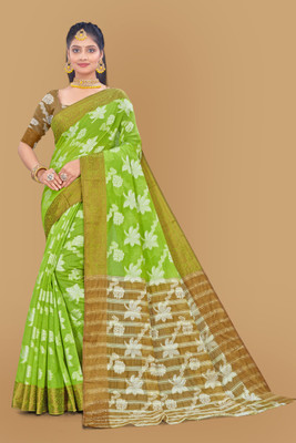 Gita Textiles Woven, Dyed Chanderi Cotton Blend Saree(Green)