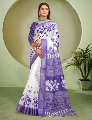 HouseOfCommon Printed Kanjivaram Pure Cotton, Cotton Linen Saree(Blue, White)