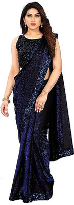 Onemorecreation Embellished Banarasi Lycra Blend Saree(Blue)
