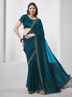 Kalista Embellished Bollywood Organza Saree(Dark Blue)