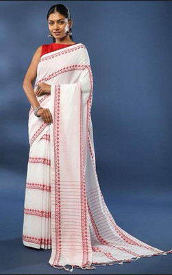 ANU INDIAN FASHION Woven Handloom Cotton Blend Saree(White)