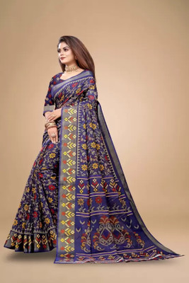 siddharth textiles Floral Print Bollywood Cotton Linen Saree(Dark Blue)