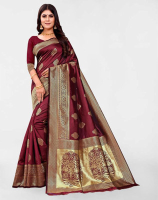 Samah Woven, Embellished Banarasi Silk Blend Saree(Maroon, Gold)