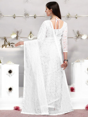 NEXA Self Design Bollywood Net Saree(White)