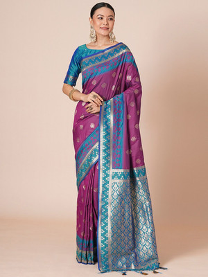 House of Pataudi Woven Paithani Silk Blend Saree(Magenta)