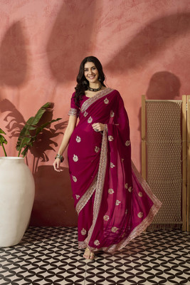 Sangria Embroidered Saree with Attached Blouse Georgette Saree(Red)