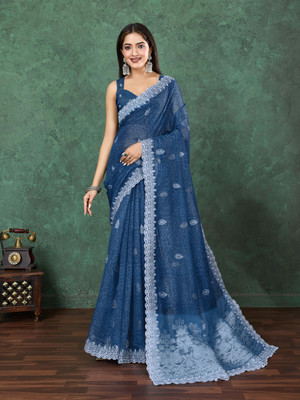 Tasrika Embroidered Bollywood Pure Cotton Saree(Blue)