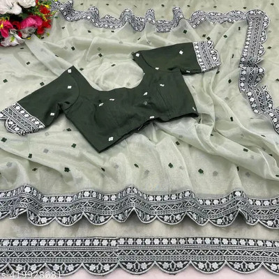 QUEDDY'S Embroidered Bollywood Net Saree(Green)