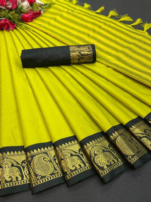 KHODALSAREEFEB Solid/Plain, Self Design Banarasi Cotton Silk Saree(Orange)