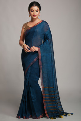 WoodenTant Solid/Plain Handloom Linen Saree(Light Blue)