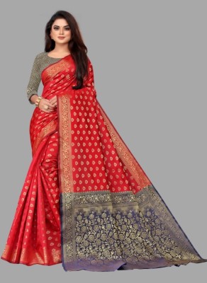 mahakay Woven Kanjivaram Silk Blend Saree(Red, Blue)