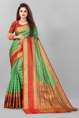 SHREE NATH CREATION Self Design, Woven Banarasi Cotton Silk, Cotton Blend Saree(Green)