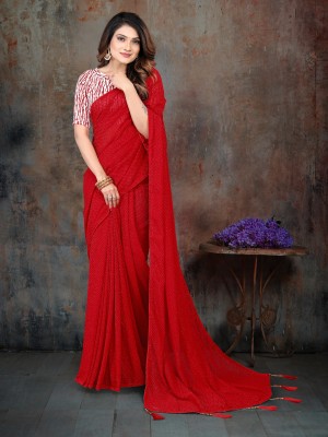 Shrithi Fashion Fab Solid/Plain Bollywood Nylon Saree(Red)